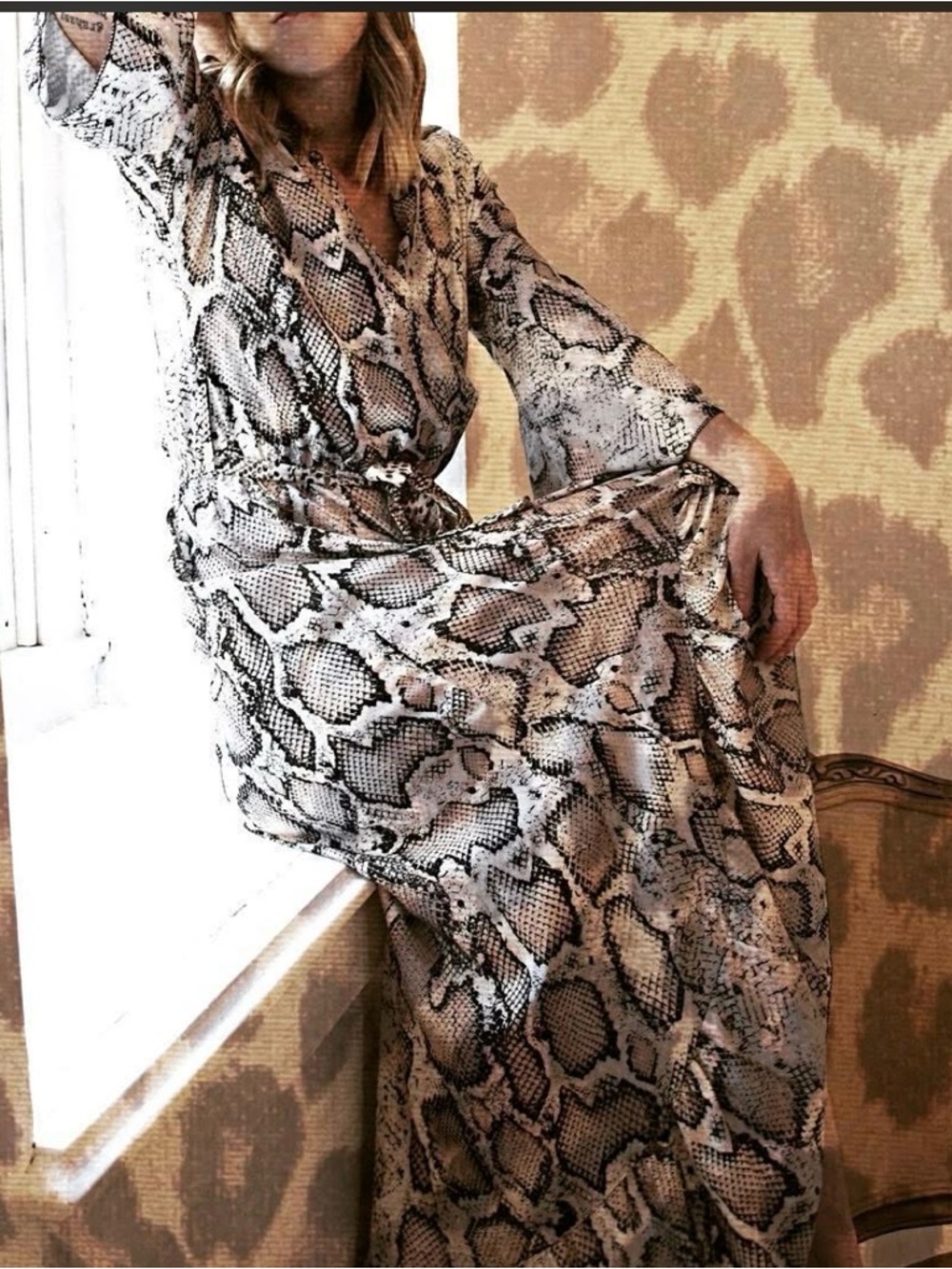Snakeskin Print High-Low Wrap Style Lightweight Satin Dress, Size S/M
